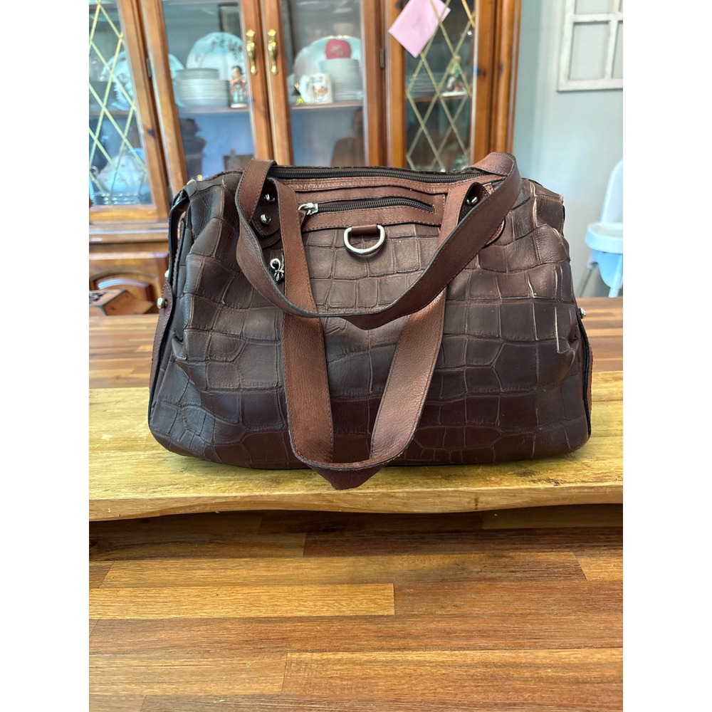Donald J Pliner Couture Bag Womens Large Brown Croc Leather Good Italian Satchel